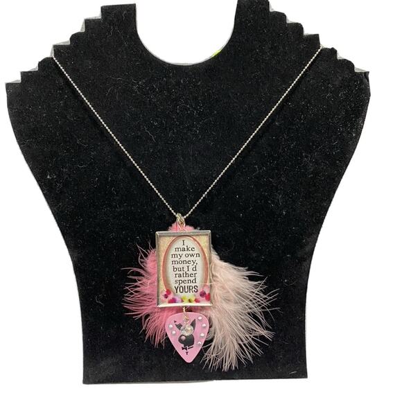 Handmade Statement Pendant Necklace – Pink Feathers, Rhinestones, Quote “I Make - Picture 2 of 7
